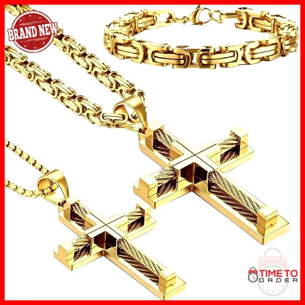 Large Byzantine Cross Necklace Set for Men with Bracelet and Chains